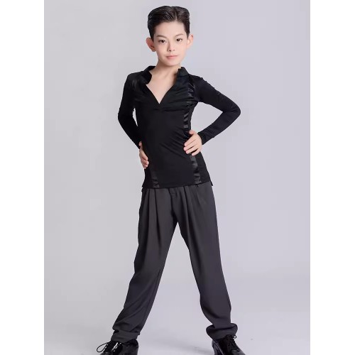 Boys black latin ballroom dance shirts pants for kids children school competition ballroom salsa latin stage performance outfits modern dance wear for boys 